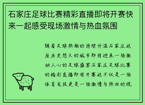 石家庄足球比赛精彩直播即将开赛快来一起感受现场激情与热血氛围